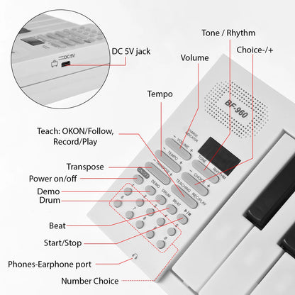 61-key foldable electronic piano with LED display and built-in battery for portable music practice

