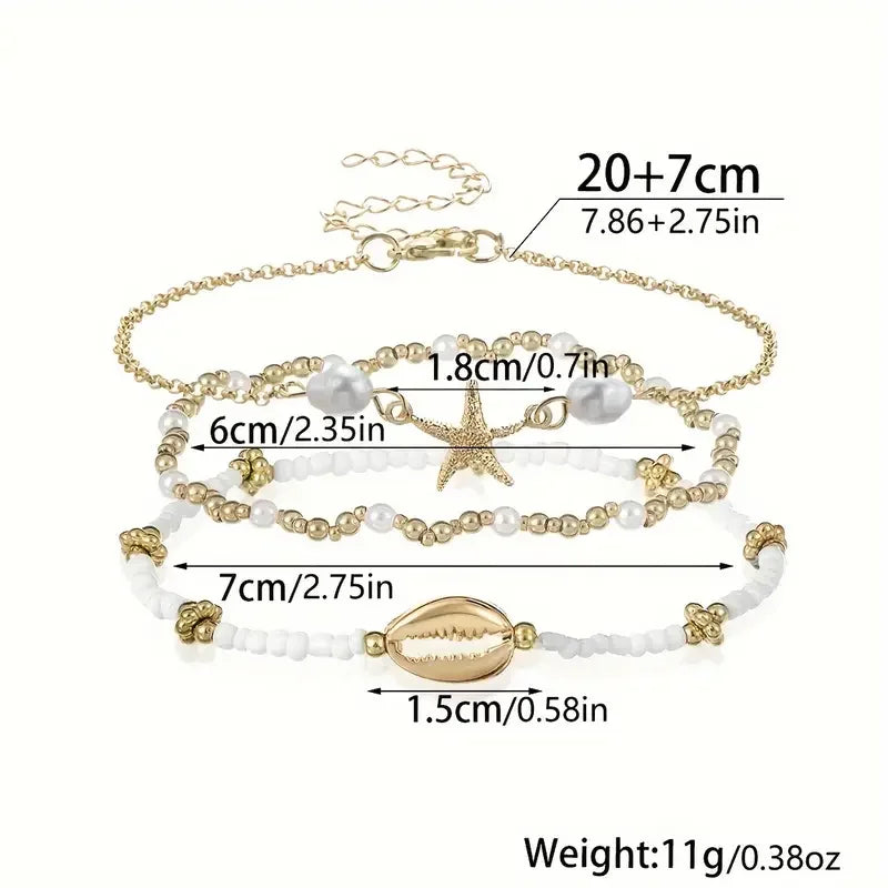 3-piece beach anklet set with starfish and shell charms