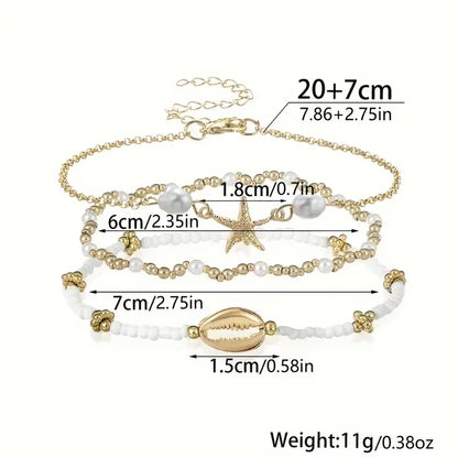 3-piece beach anklet set with starfish and shell charms