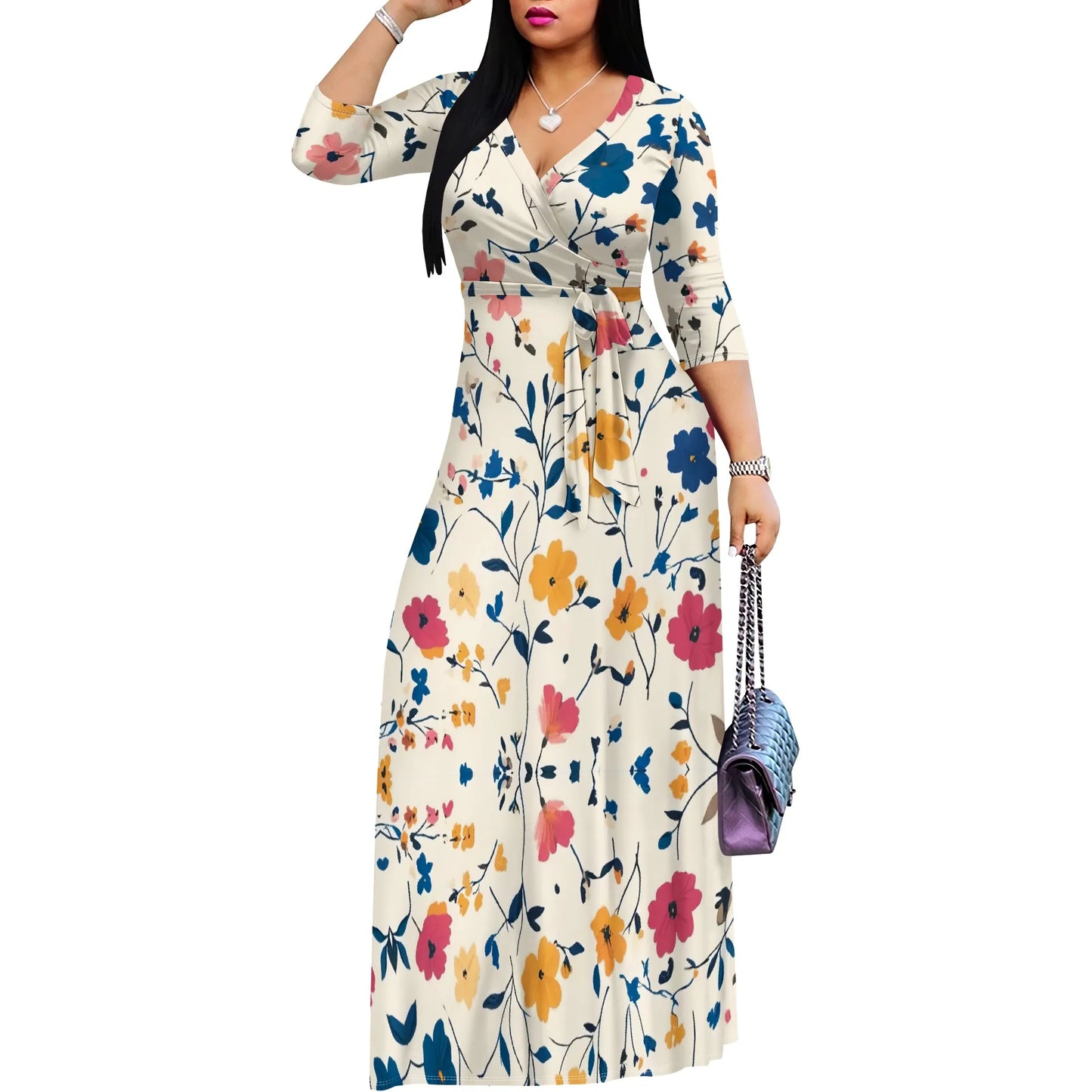 Woman in a vintage floral maxi dress with V-neck and ruched belt, perfect for casual summer style.