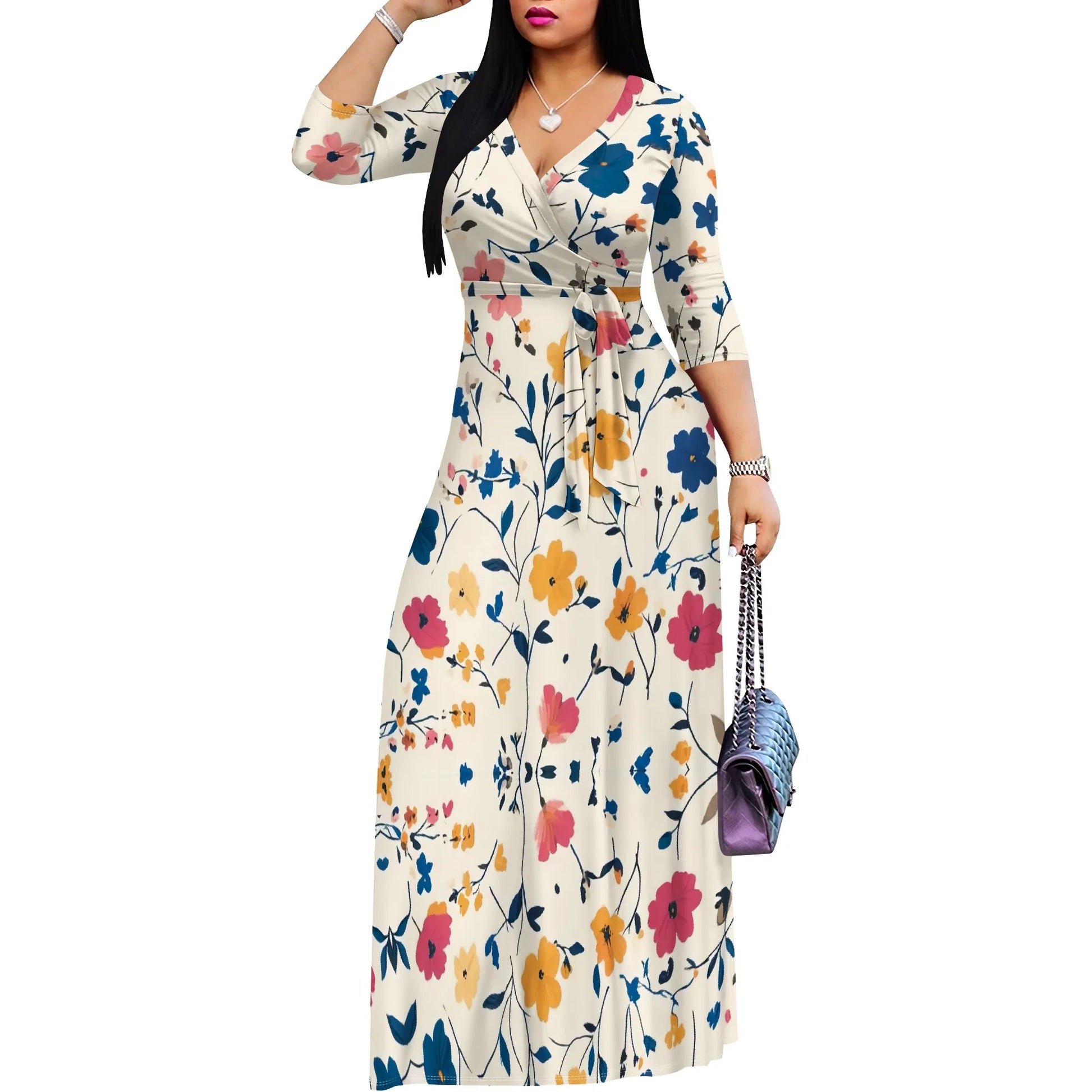 Woman in a vintage floral maxi dress with V-neck and ruched belt, perfect for casual summer style.