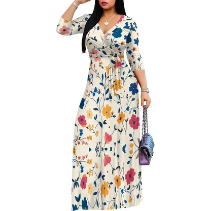 Woman in a vintage floral maxi dress with V-neck and ruched belt, perfect for casual summer style.