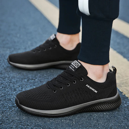Men’s Casual Sneakers in black with breathable mesh and cushioned insole for walking

