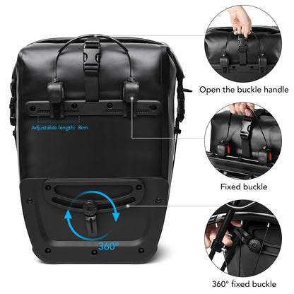Waterproof bike bag 27L with rear rack mount for cycling and travel storage

