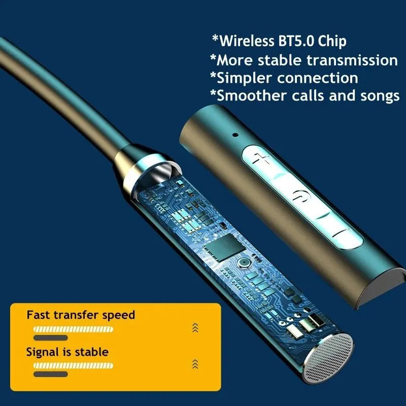Bluetooth neckband headphones with HiFi 9D stereo and magnetic design