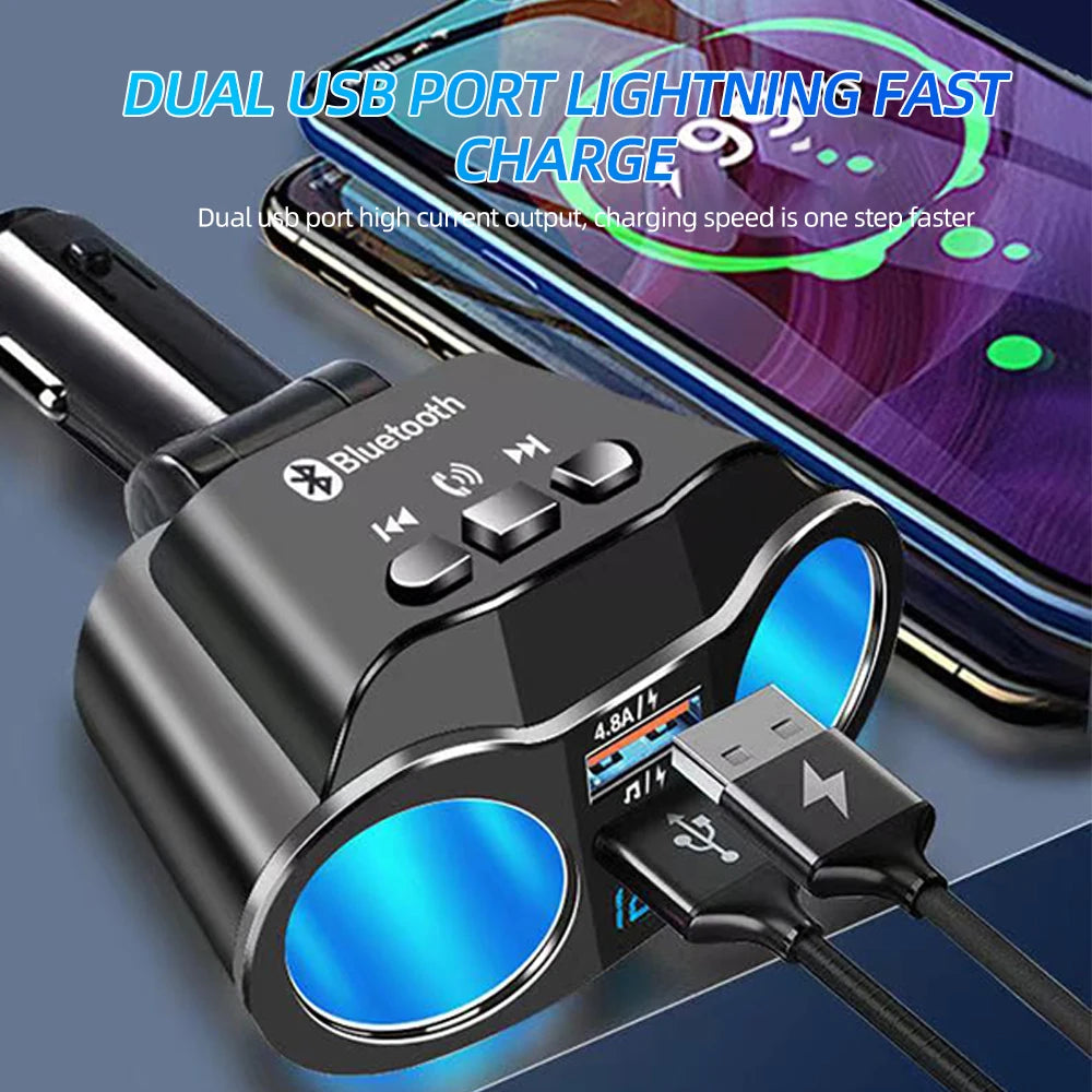 Bluetooth car cigarette lighter splitter with dual USB QC 3.0 and FM transmitter