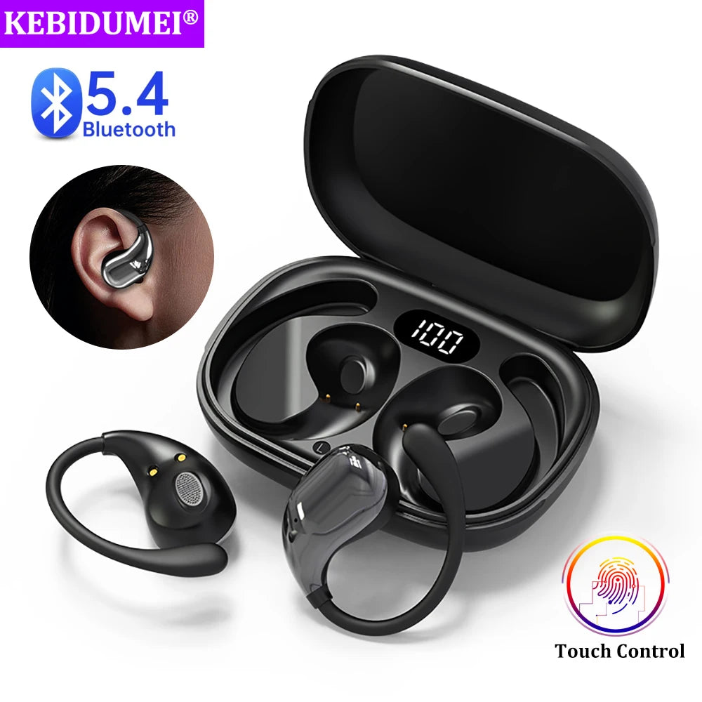 Bluetooth 5.4 Ear Hook Headphones with TWS wireless tech, HiFi stereo sound, waterproof design, LED display, and long standby touch earbuds