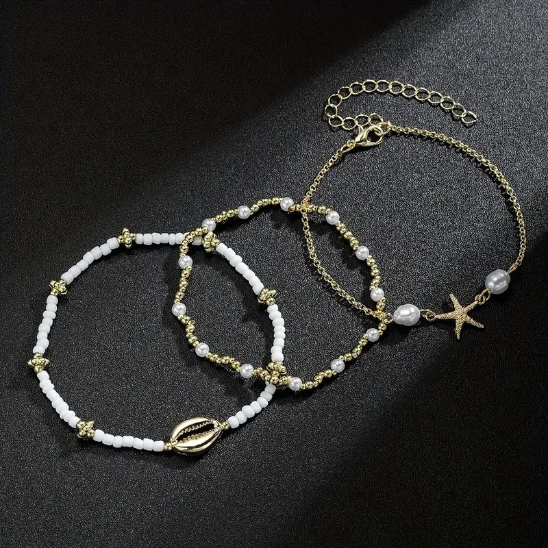 3-piece beach anklet set with starfish and shell charms