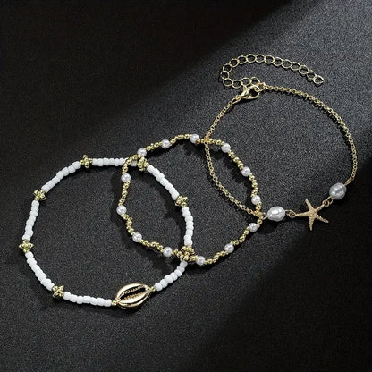 3-piece beach anklet set with starfish and shell charms