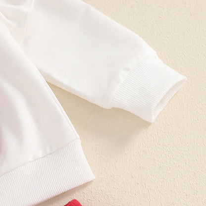 Girls red bow bellbottom outfit for toddlers and kids on white background

