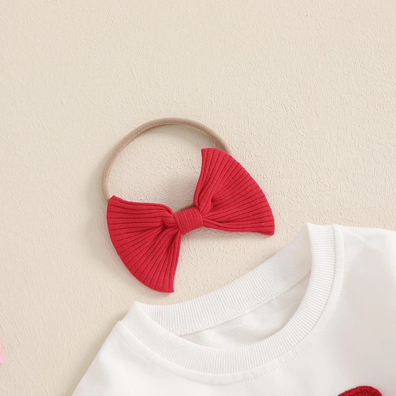 Girls red bow bellbottom outfit for toddlers and kids on white background

