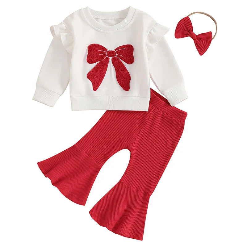 Girls red bow bellbottom outfit for toddlers and kids on white background

