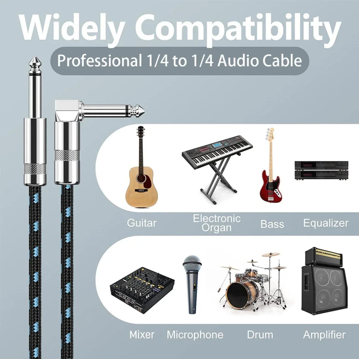 Braided electric guitar cable with 1/4 ft jack 90 degree TS 6.5mm audio mono for bass and electric guitar

