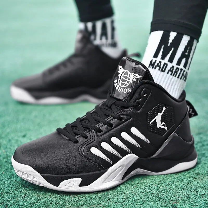 Side view of men's lightweight basketball shoes in black and red

