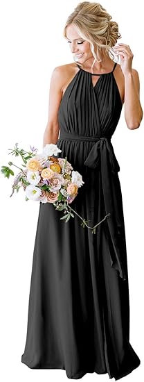 Elegant Bridesmaid Gown for Wedding - Halter Neck Pleated Chiffon Long Dress with Pockets (Formal Evening Party Dress)