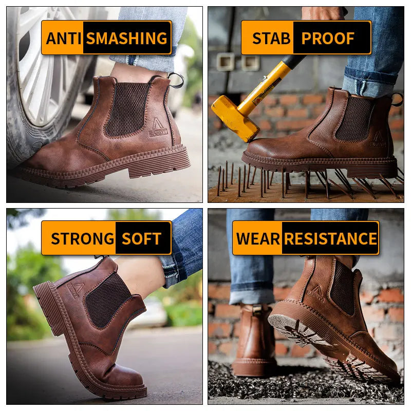 Waterproof Safety Work Shoes for Men in brown leather with steel toe


