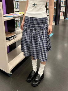 BXOXO Navy Plaid Knee-Length Skirt with ruffles, women’s Y2K preppy A-line skirt for summer fashion