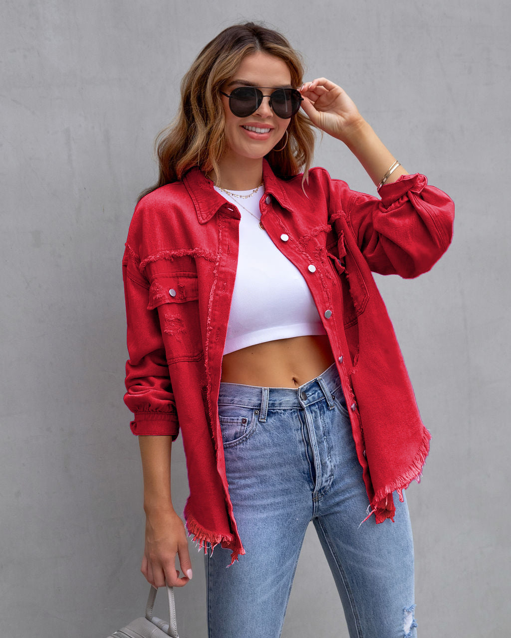 Women’s Fashion Ripped Shirt Jacket for Autumn and Spring Casual Tops