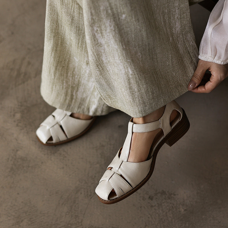 Women's Washed Full-Grain Leather Fisherman Sandals, Handmade Woven T-Strap Block Heel Shoes