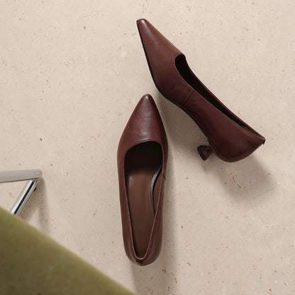 Women's Washed Full-Grain Cowhide Kitten Heel Pumps, Pointed Toe Handcrafted Leather Office Shoes