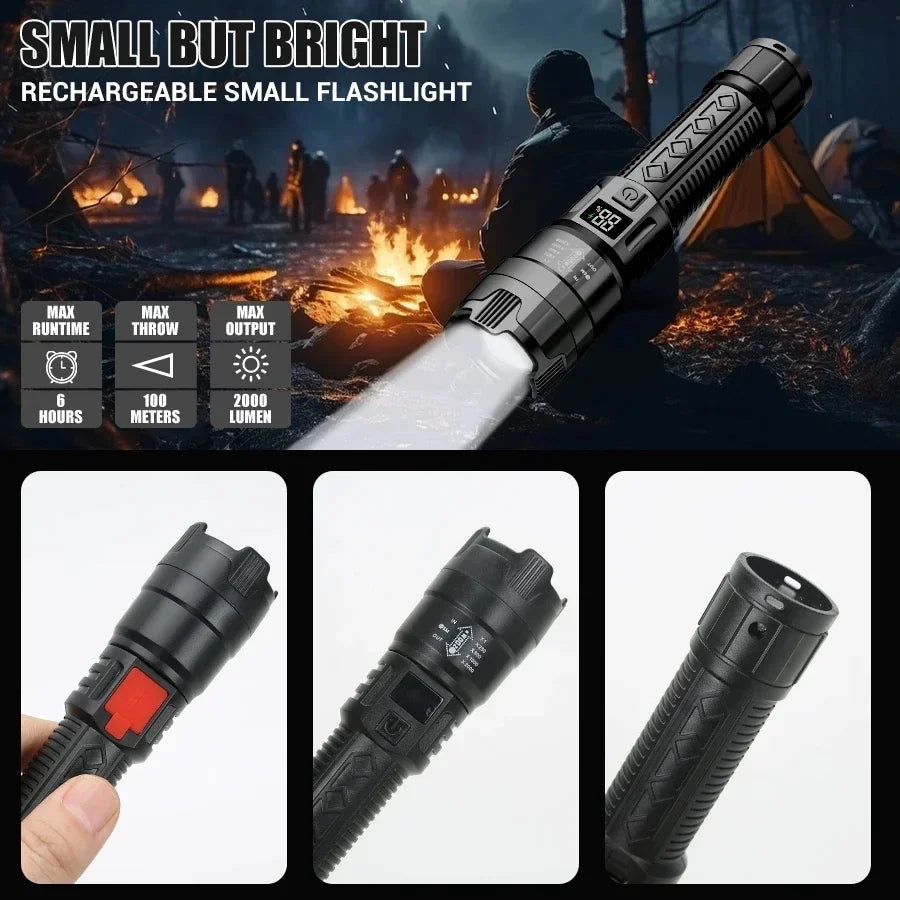 Ultra Bright LED Flashlight with 2000LM Output, Type-C Rechargeable Zoom Torch for Camping, Emergency, and Outdoor Use