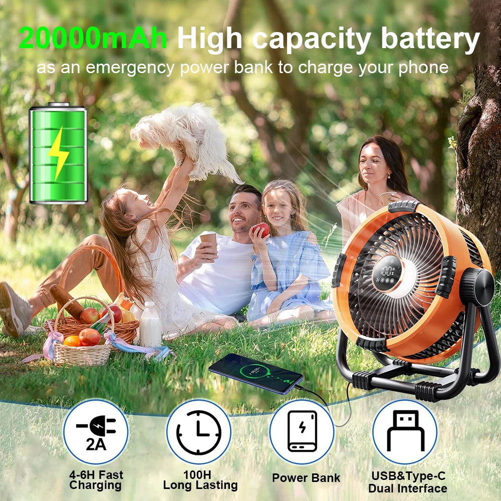 Camping Fan 20000mAh Rechargeable with LED Light and Hook for Tent Ceiling and Outdoor Air Circulation
