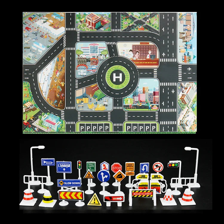Toddler playing on a city-themed traffic road play mat with toy cars

