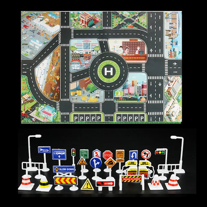 Toddler playing on a city-themed traffic road play mat with toy cars

