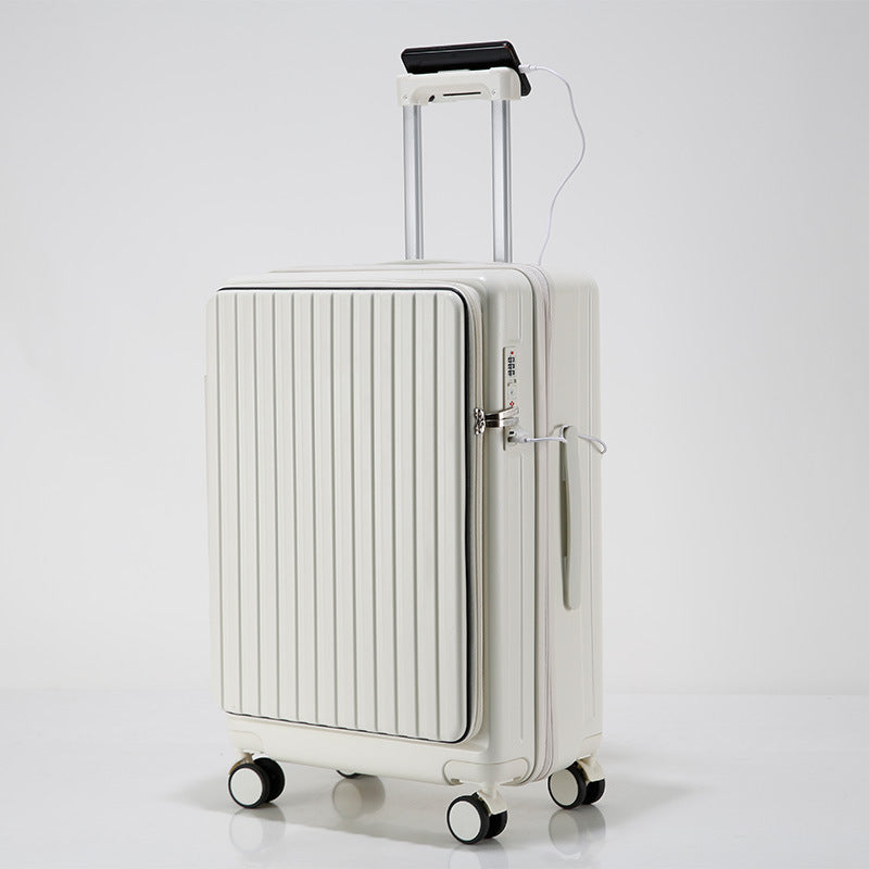 White front opening carry on suitcase with secure laptop compartment
