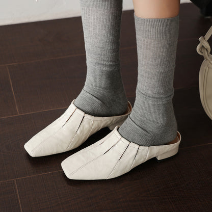 Minimalist Handcrafted Washed Leather Mules, Women's Full-Grain Cowhide Square Toe Backless Shoes