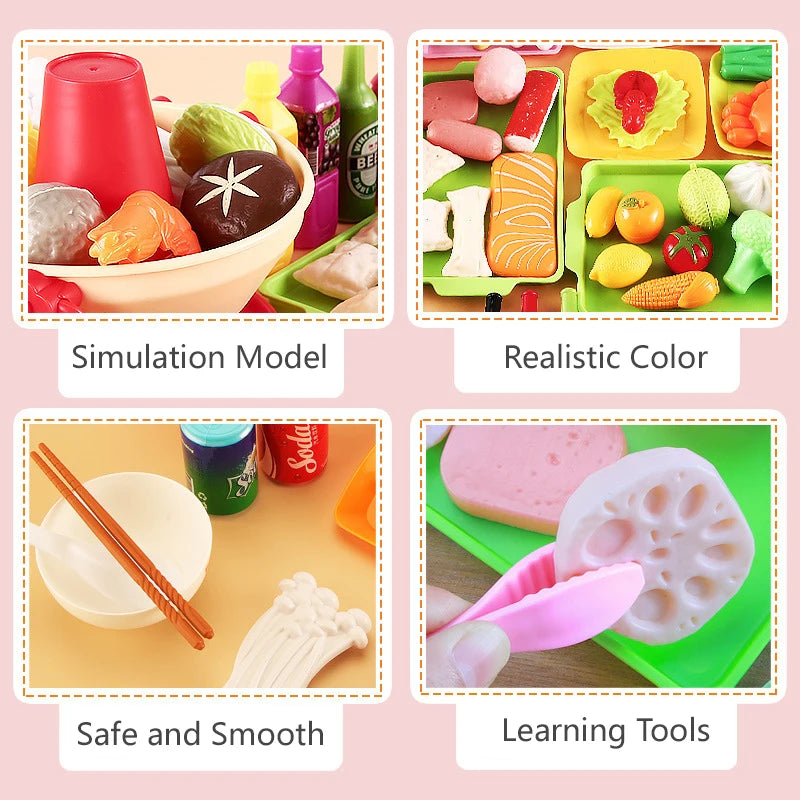 Kids pretend play kitchen toys set with food, grill, and cooking tools

