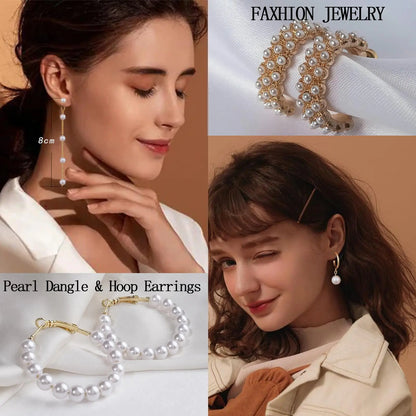 42 pairs gold hoop earrings set with pearl and twisted designs