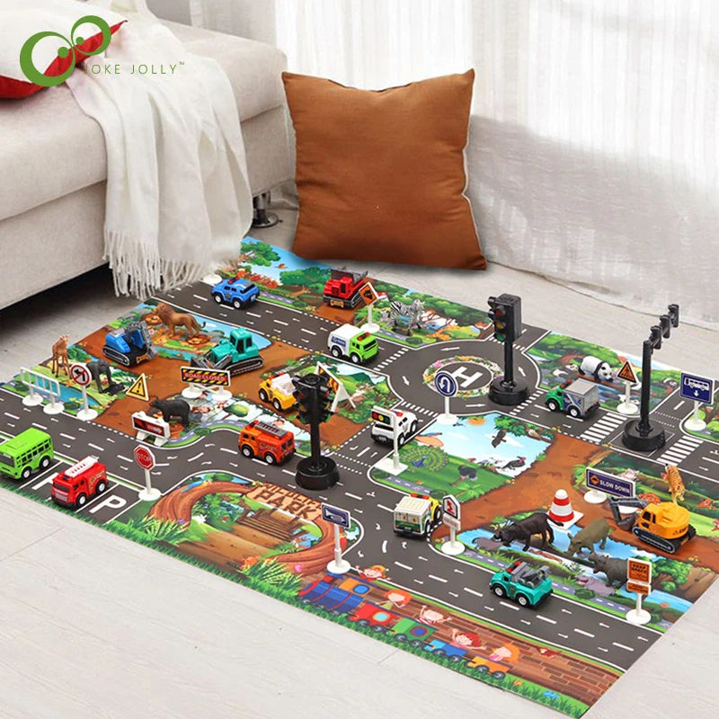 Toddler playing on a city-themed traffic road play mat with toy cars

