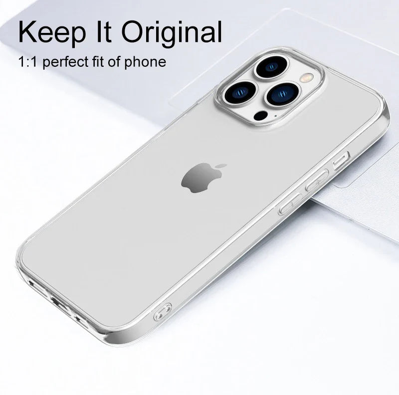 Ultra thin clear silicone case for iPhone, showing the back cover with the Apple logo visible through the transparent material.