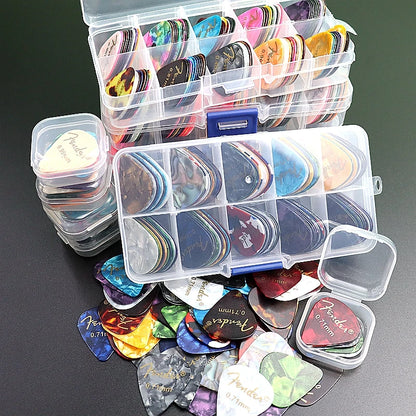 Colorful 100pcs guitar picks set for acoustic and electric guitars with box and various thicknesses

