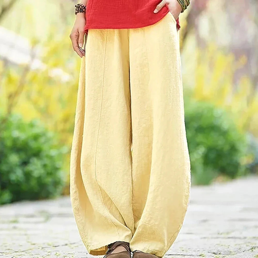Spring Summer Cotton Linen Style Bloomers Wide Leg Pants for women, vintage full-length elastic waist trousers.