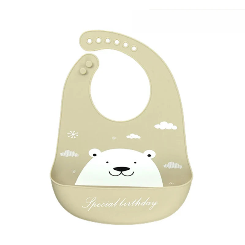 Waterproof baby bib with adjustable silicone strap and dinosaur print

