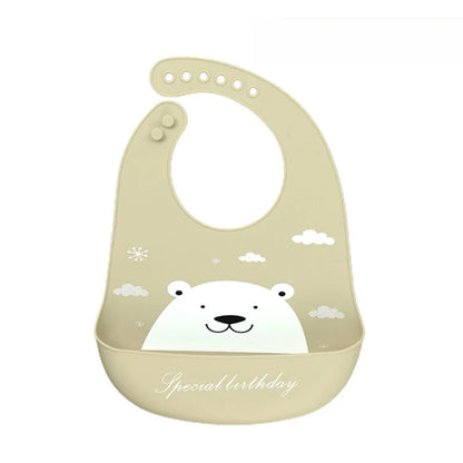 Waterproof baby bib with adjustable silicone strap and dinosaur print

