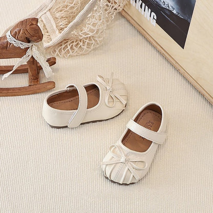 Xiaoxiangfeng Pleated Little Leather Shoes, Girls' Bow Princess Shoes, Shallow Single Shoes