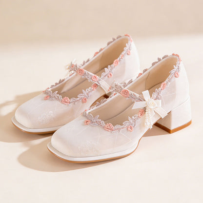 Elegant Oriental Jacquard Satin Mary Jane Shoes With Embroidered Lace And Pearls, Non-Slip Rubber Sole, Comfortable And Non-Fatiguing, Versatile High Heels For Everyday Wear, Parties, And Weddings