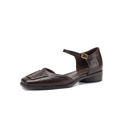 Women's Handmade Full-Grain Sheepskin Mary Jane Sandals, Vintage Square Toe Low Block Heel Shoes