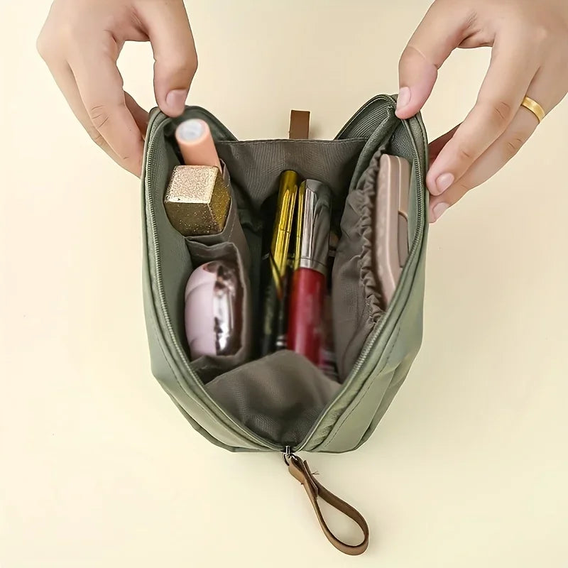 Portable makeup bag with solid color design for travel and daily cosmetic storage