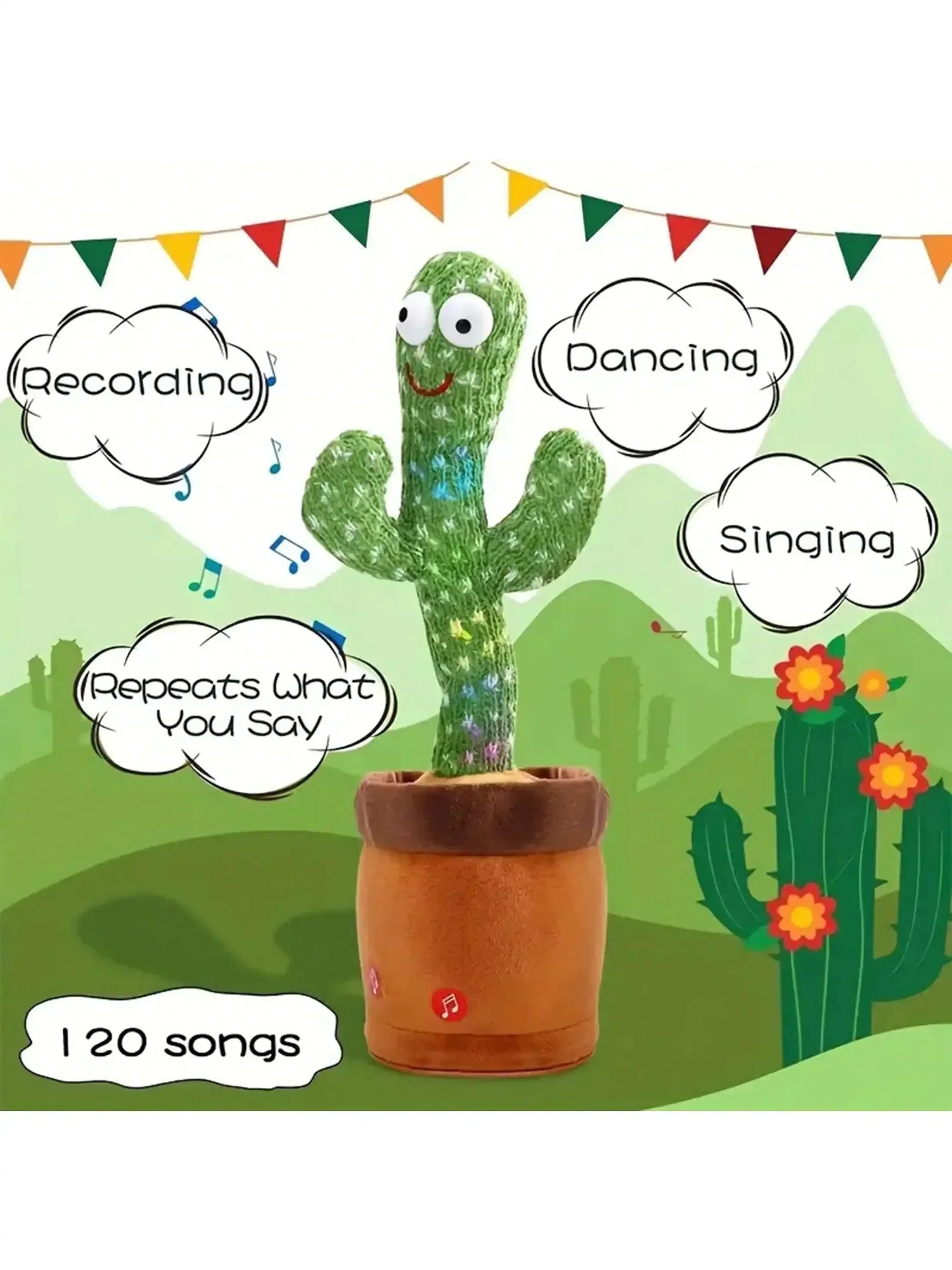 Dancing talking cactus toy that mimics speech and plays music for kids

