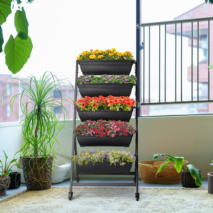 65x60x130cm 5 Layers With Wheels Black PE Planter Pot
