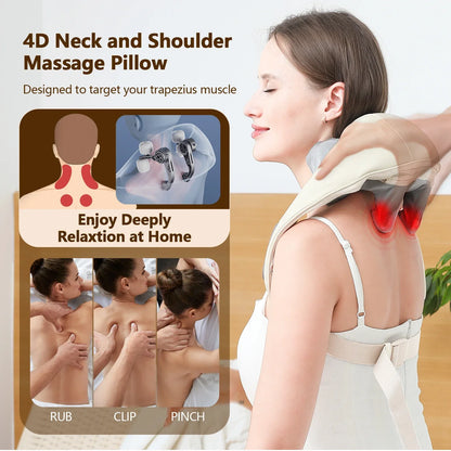 Woman using a portable back and neck massager at home for pain relief
