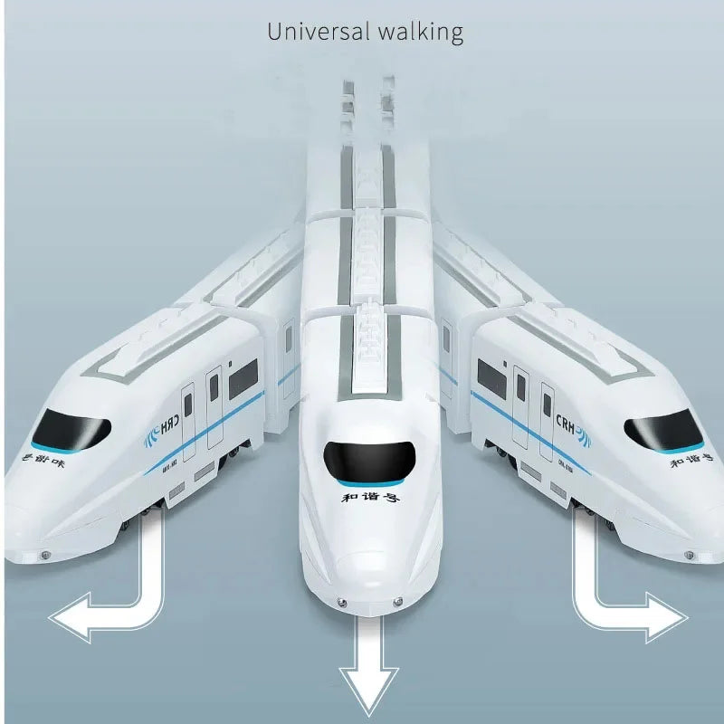 Electric train toy for kids with DIY track, lights, and sound effects

