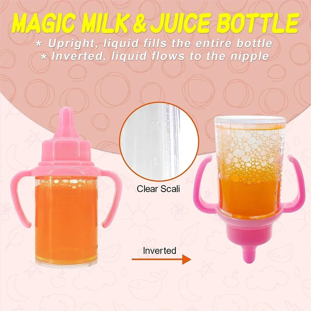 Baby doll feeding bottle set with milk, juice bottles, and pacifier
