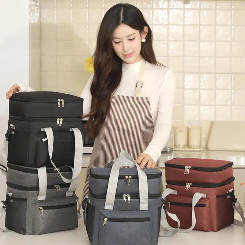 Double layer cooler lunch bag with shoulder strap for travel and picnic

