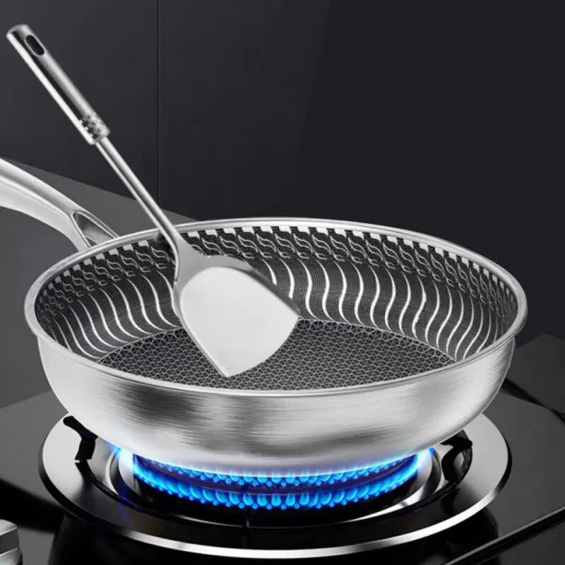 Tri-ply stainless steel double-sided nonstick frying pan with ergonomic handle for easy flipping

