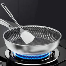 Tri-ply stainless steel double-sided nonstick frying pan with ergonomic handle for easy flipping

